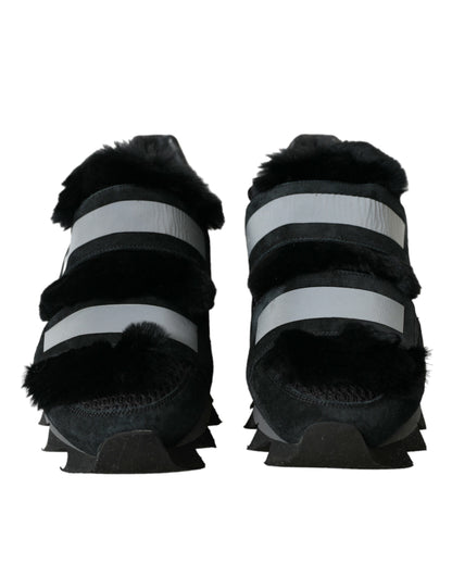 Dolce &amp; Gabbana – Schwarze Sneakers aus Wildleder mit Pelzverzierung