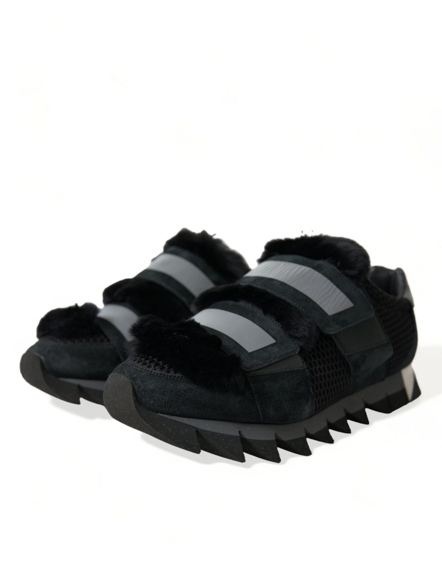 Dolce &amp; Gabbana – Schwarze Sneakers aus Wildleder mit Pelzverzierung