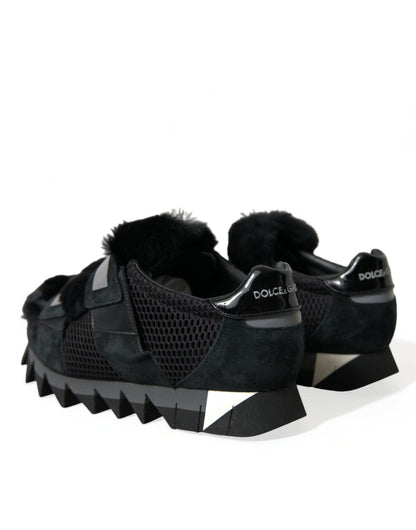 Dolce &amp; Gabbana – Schwarze Sneakers aus Wildleder mit Pelzverzierung