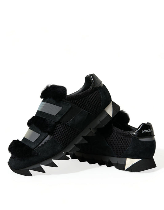 Dolce &amp; Gabbana – Schwarze Sneakers aus Wildleder mit Pelzverzierung