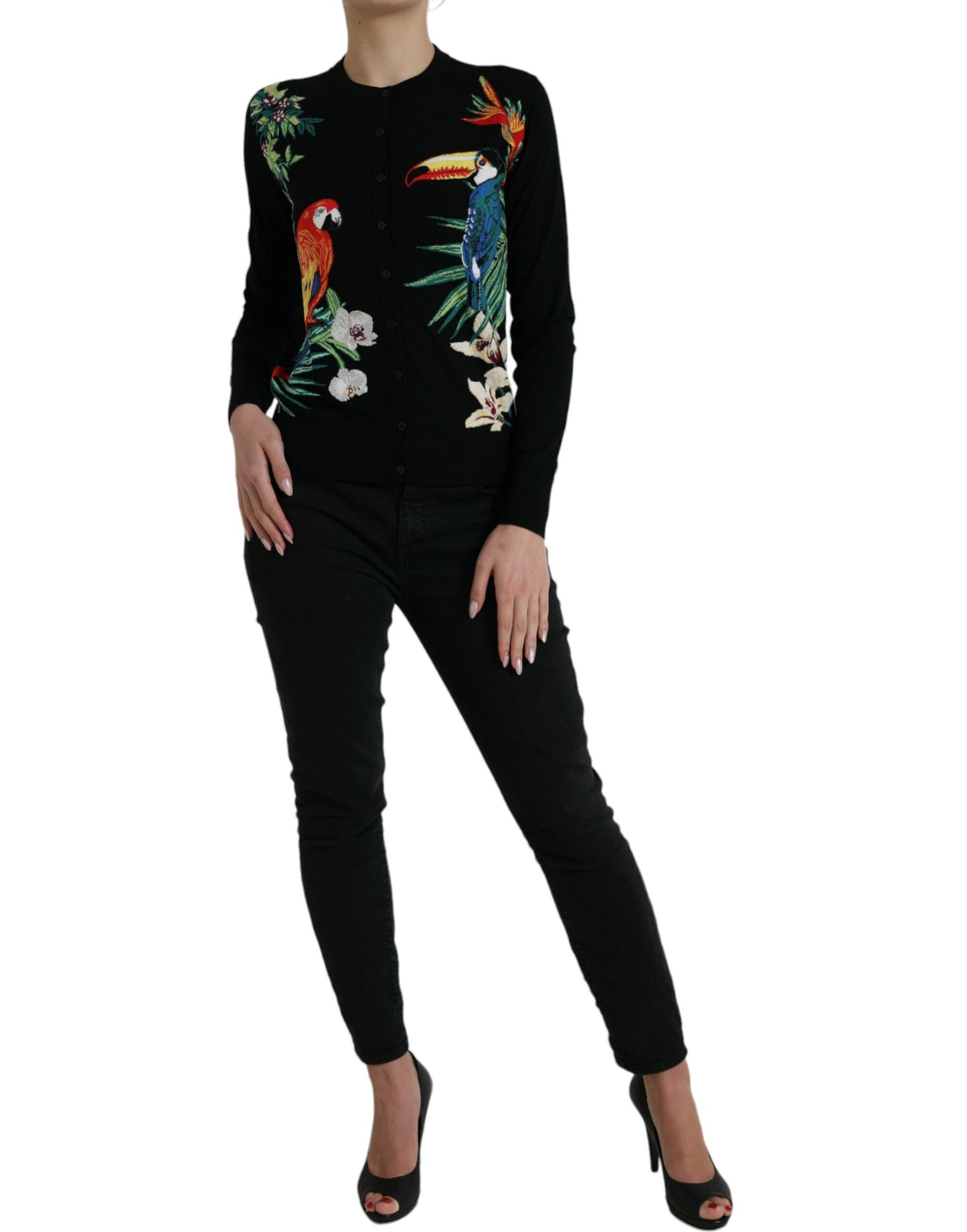 Dolce &amp; Gabbana – Langärmliger Cardigan aus schwarzer Vogelwolle