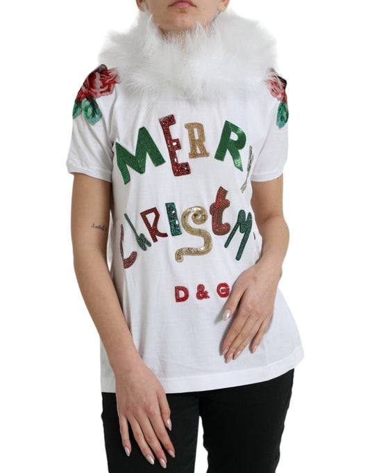 Dolce &amp; Gabbana White Cotton Christmas Sequin Fur T-shirt