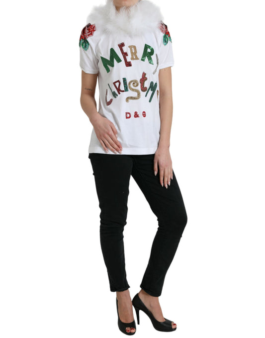 Dolce &amp; Gabbana White Cotton Christmas Sequin Fur T-shirt