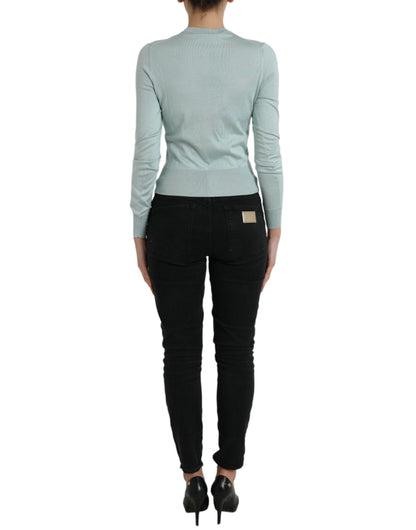 Dolce &amp; Gabbana Hellblauer Cardigan-Pullover aus Seide mit Rundhalsausschnitt