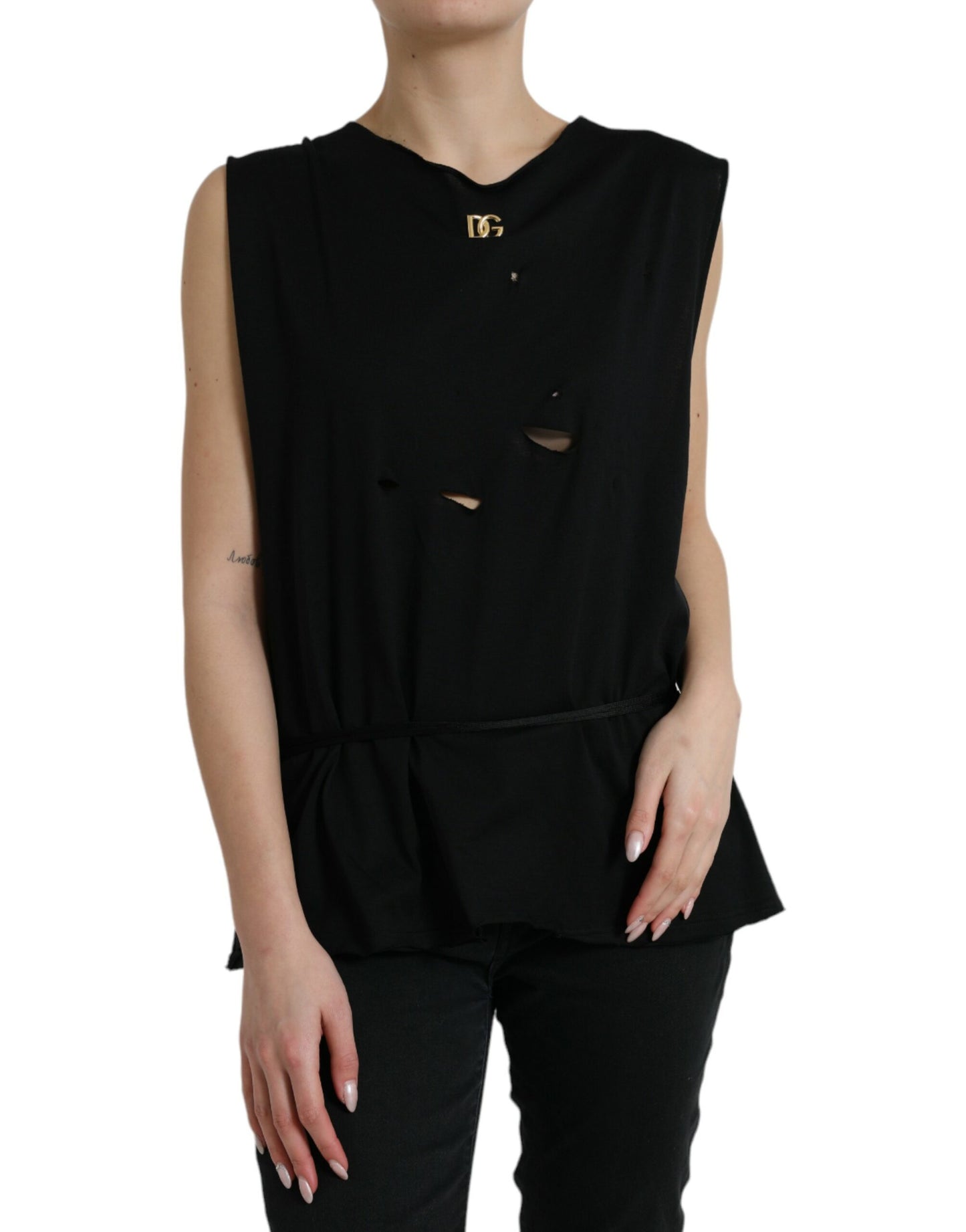 Dolce &amp; Gabbana Black Cotton Lace Up Logo Round Neck Tank Top
