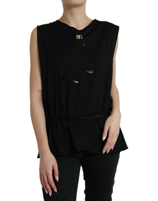 Dolce &amp; Gabbana Black Cotton Lace Up Logo Round Neck Tank Top