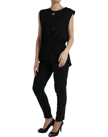 Dolce &amp; Gabbana Black Cotton Lace Up Logo Round Neck Tank Top