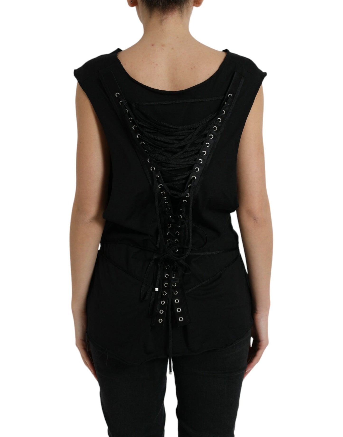 Dolce &amp; Gabbana Black Cotton Lace Up Logo Round Neck Tank Top