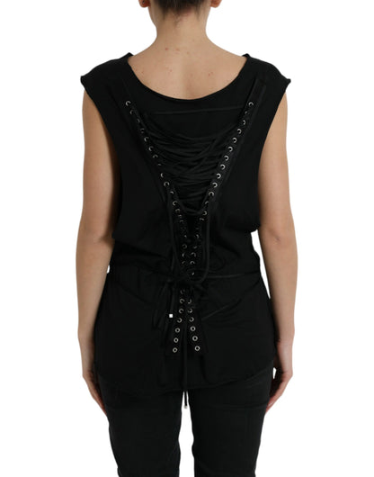 Dolce &amp; Gabbana Black Cotton Lace Up Logo Round Neck Tank Top