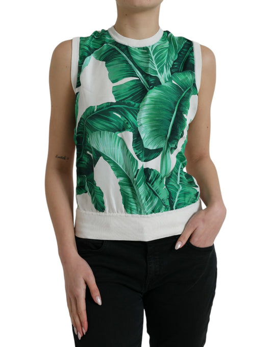 Dolce &amp; Gabbana White Banana Leaf Print Crew Neck Tank Top