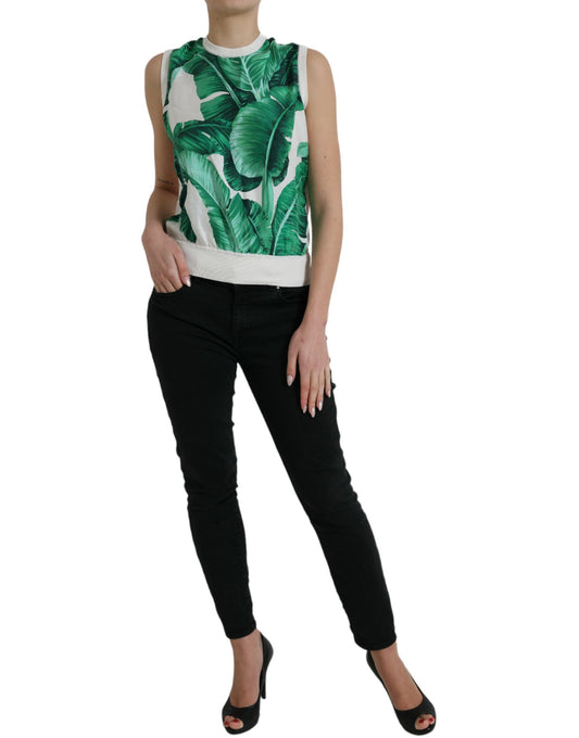 Dolce &amp; Gabbana White Banana Leaf Print Crew Neck Tank Top