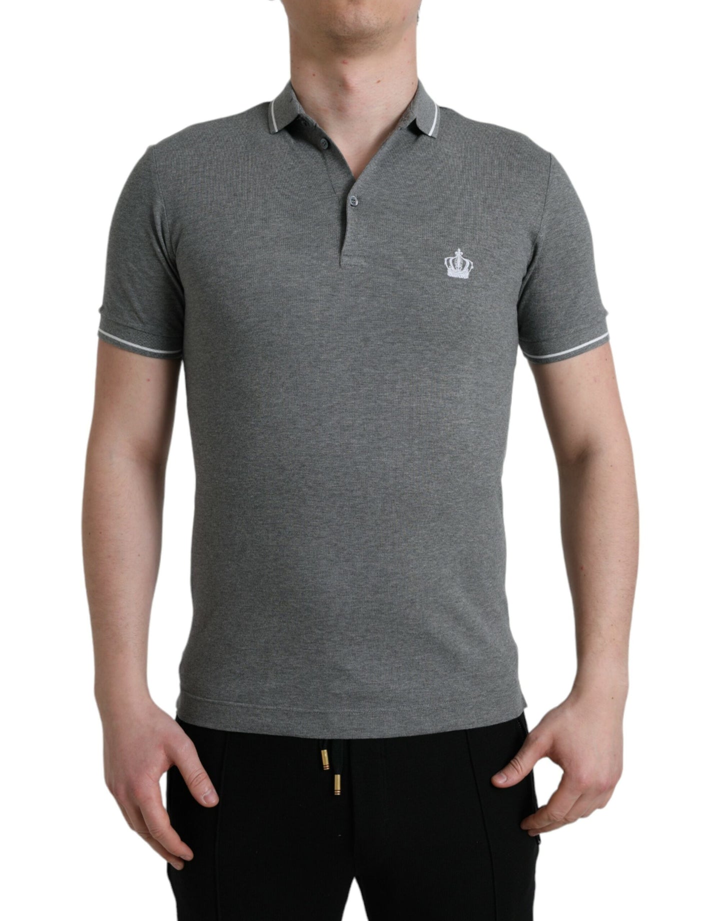 Dolce &amp; Gabbana – Graues T-Shirt mit Kragen und kurzen Ärmeln und Krone
