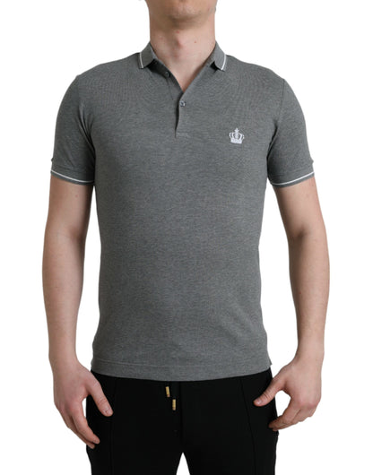 Dolce &amp; Gabbana – Graues T-Shirt mit Kragen und kurzen Ärmeln und Krone