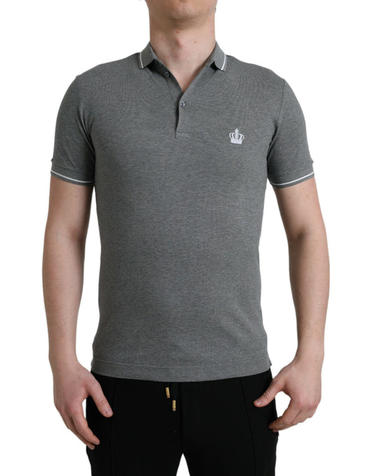 Dolce &amp; Gabbana – Graues T-Shirt mit Kragen und kurzen Ärmeln und Krone