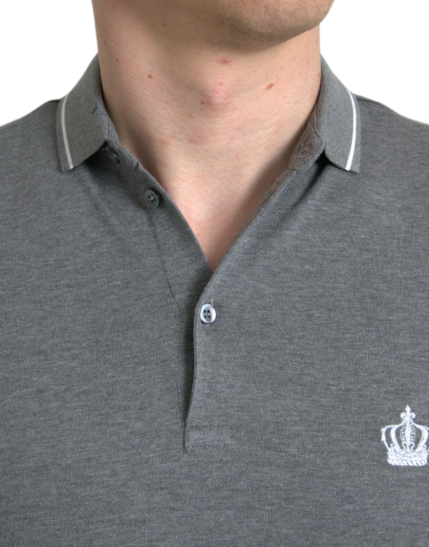 Dolce &amp; Gabbana – Graues T-Shirt mit Kragen und kurzen Ärmeln und Krone