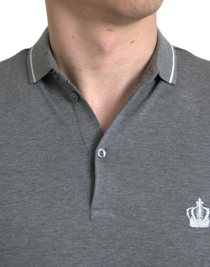 Dolce &amp; Gabbana – Graues T-Shirt mit Kragen und kurzen Ärmeln und Krone