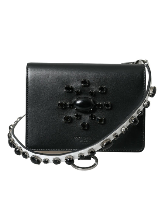 Dolce &amp; Gabbana – Kartenetui aus schwarz-weißem Leder mit Kristallverzierung