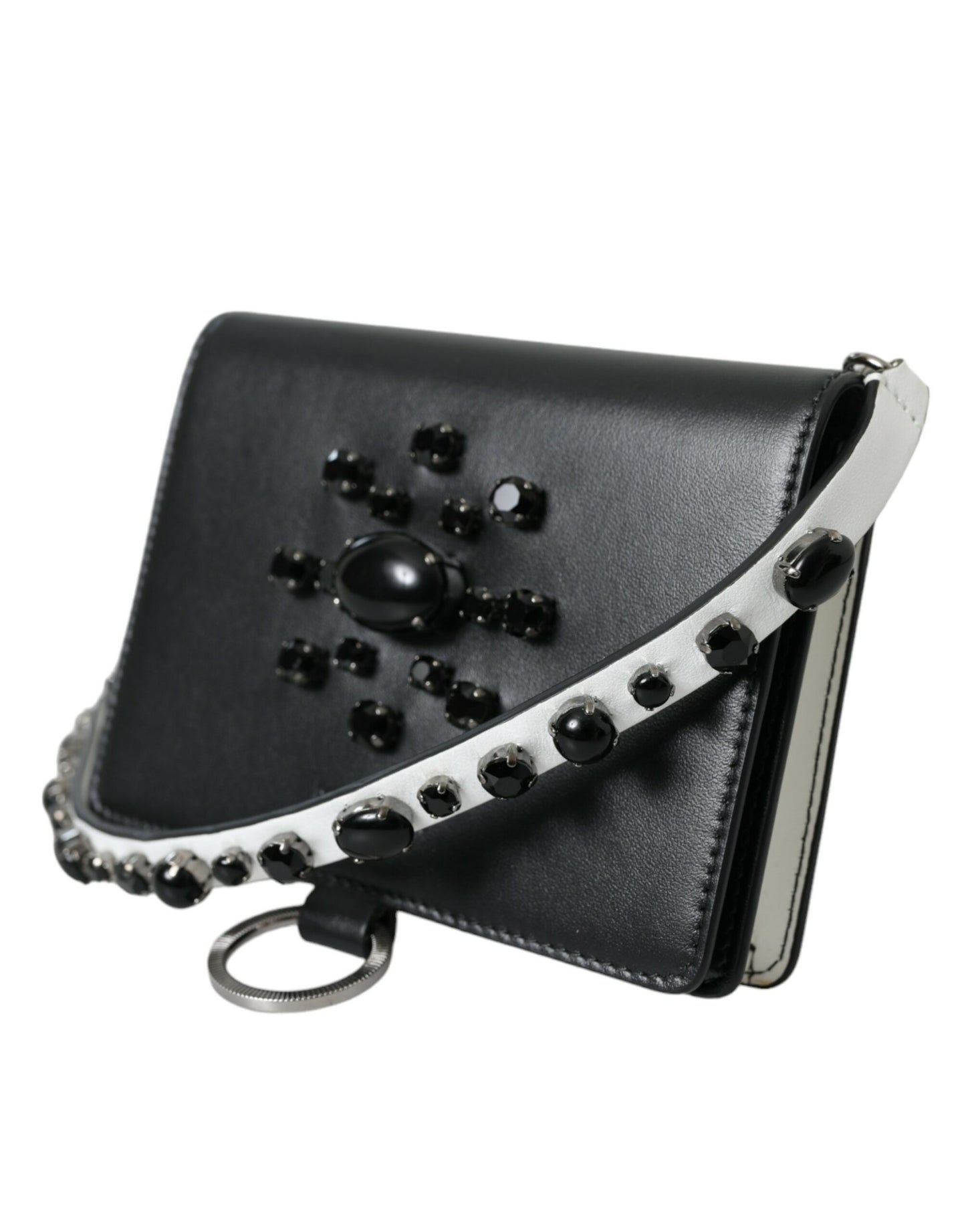 Dolce &amp; Gabbana Black White Leather Crystal Embellished Cardholder Wallet