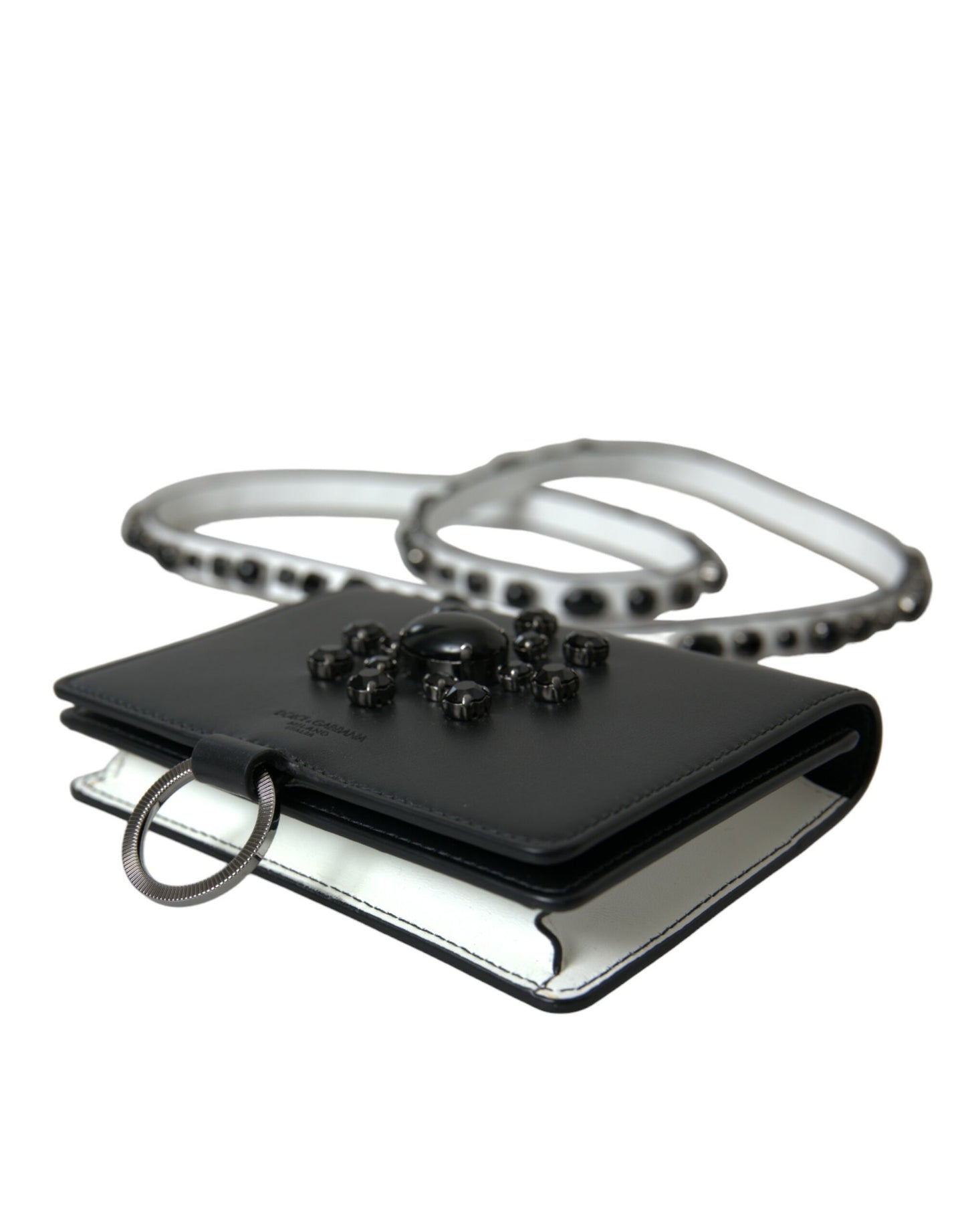 Dolce &amp; Gabbana Black White Leather Crystal Embellished Cardholder Wallet
