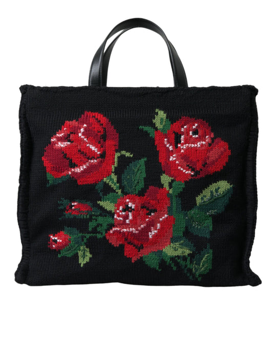 Dolce &amp; Gabbana – Einkaufstasche aus schwarzem Kaschmir mit Rosenstickerei