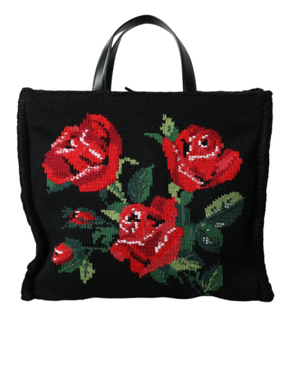 Dolce &amp; Gabbana – Einkaufstasche aus schwarzem Kaschmir mit Rosenstickerei