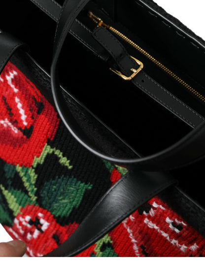 Dolce &amp; Gabbana – Einkaufstasche aus schwarzem Kaschmir mit Rosenstickerei
