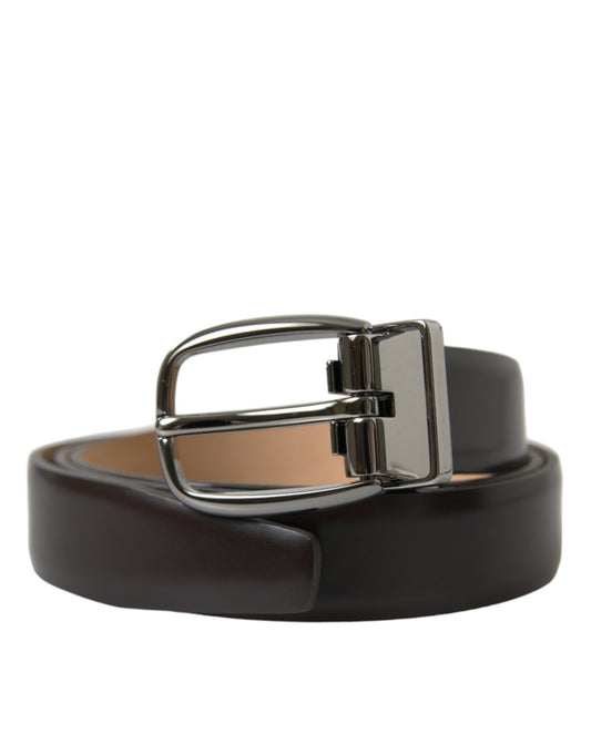 Dolce &amp; Gabbana Dark Brown Leather Silver Metal Buckle Belt