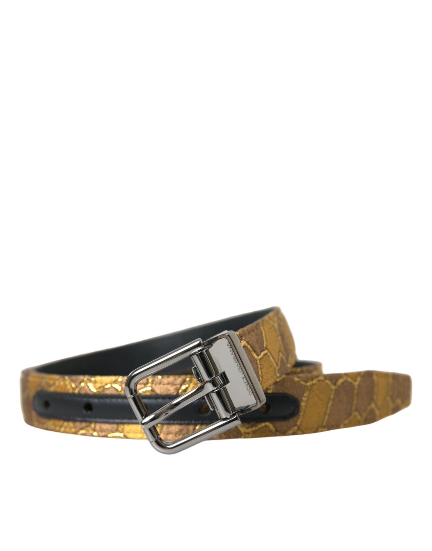 Dolce &amp; Gabbana Gold Leather Jacquard Silver Metal Buckle Belt