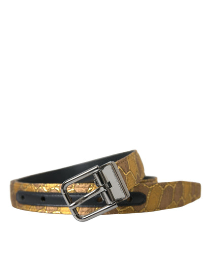 Dolce &amp; Gabbana Gold Leather Jacquard Silver Metal Buckle Belt