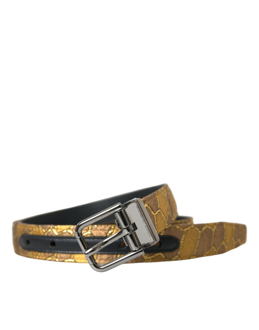 Dolce &amp; Gabbana Gold Leather Jacquard Silver Metal Buckle Belt