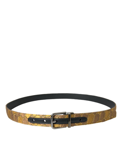 Dolce &amp; Gabbana Gold Leather Jacquard Silver Metal Buckle Belt