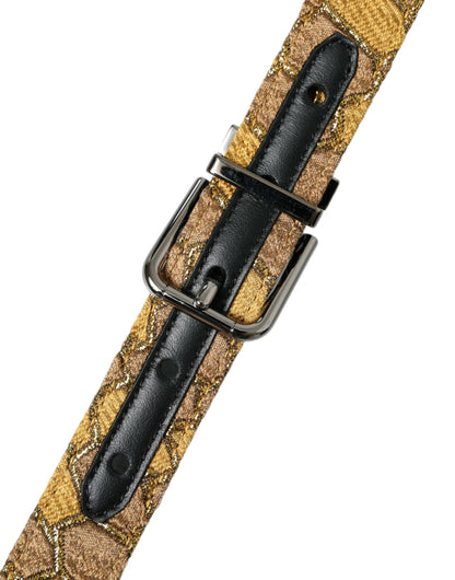 Dolce &amp; Gabbana Gold Leather Jacquard Silver Metal Buckle Belt