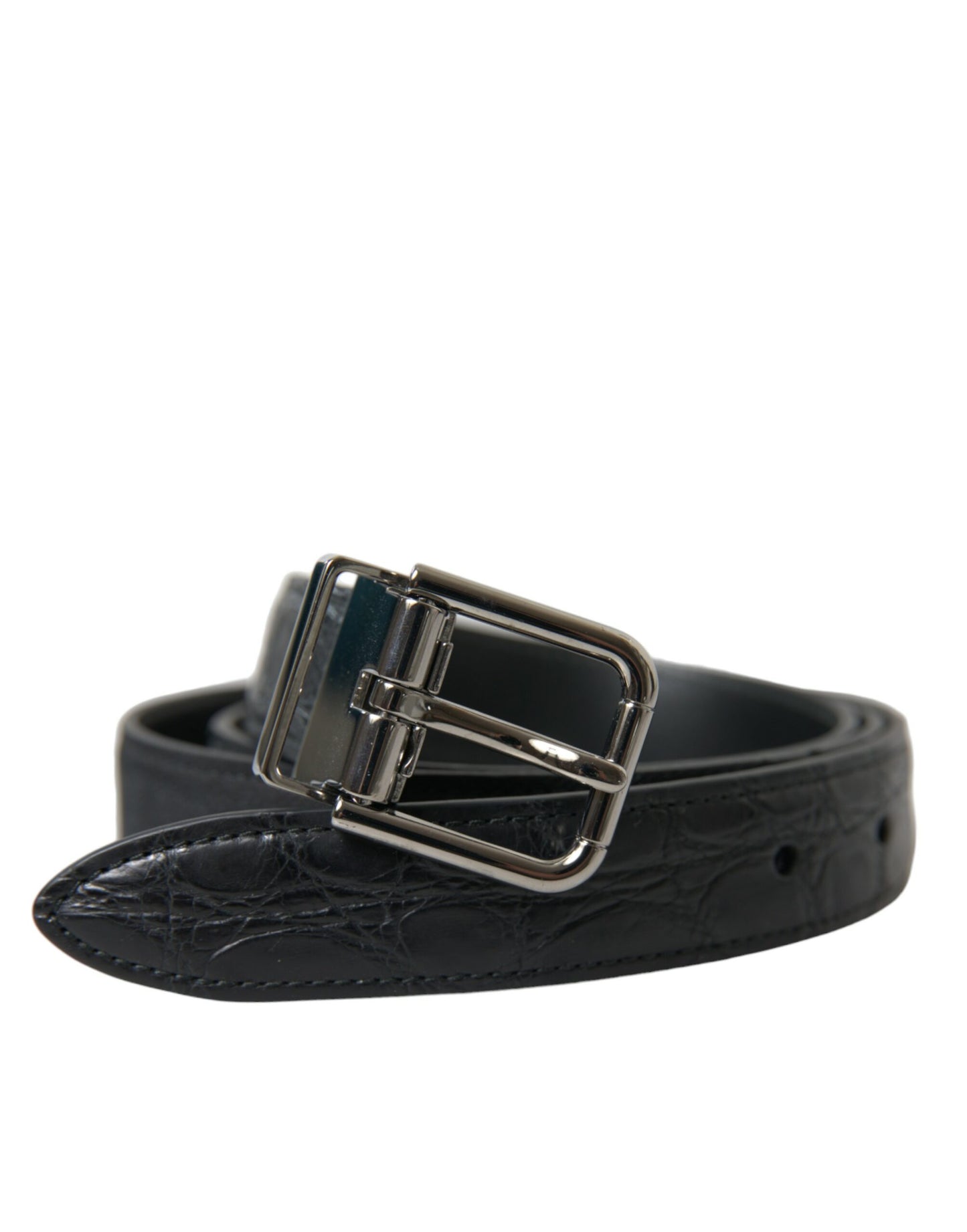 Dolce &amp; Gabbana Black Leather Silver Metal Buckle Belt