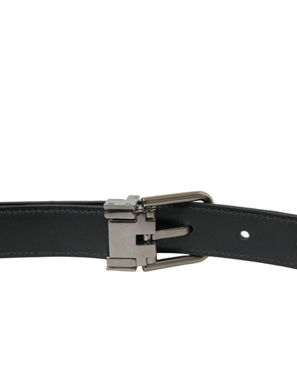Dolce &amp; Gabbana Black Leather Silver Metal Buckle Belt