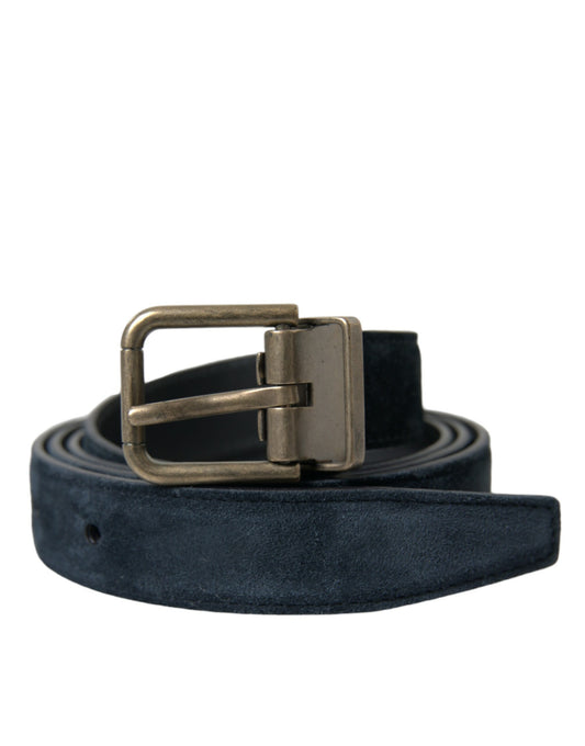 Dolce &amp; Gabbana Blue Suede Leather Gold Metal Buckle Belt