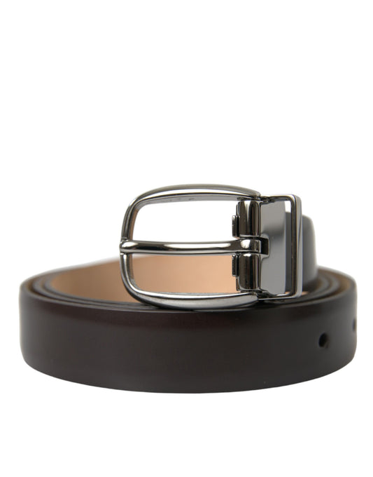 Dolce &amp; Gabbana Dark Brown Leather Silver Metal Buckle Belt