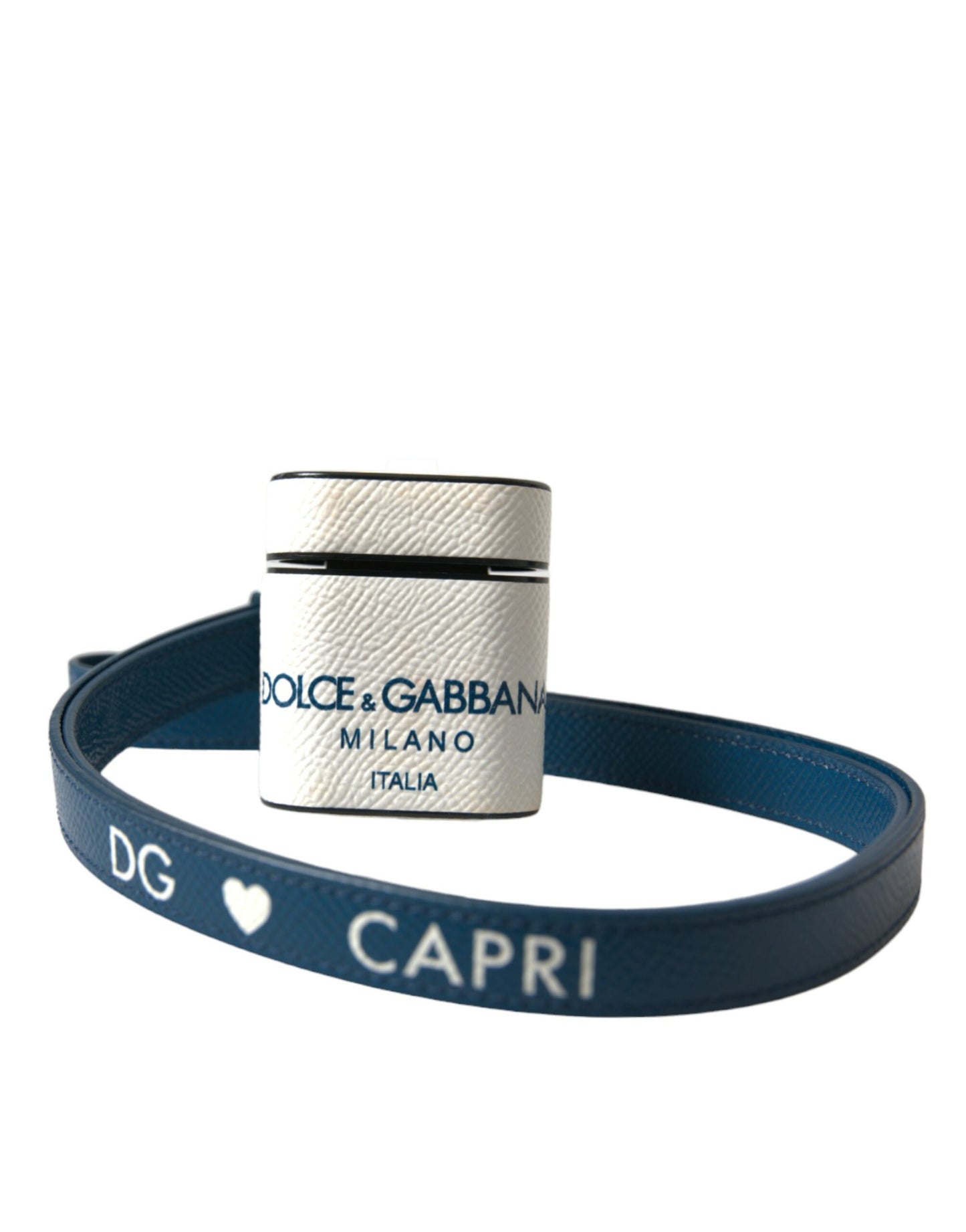 Dolce &amp; Gabbana White Blue Calf Leather Logo Print Strap Airpods Case