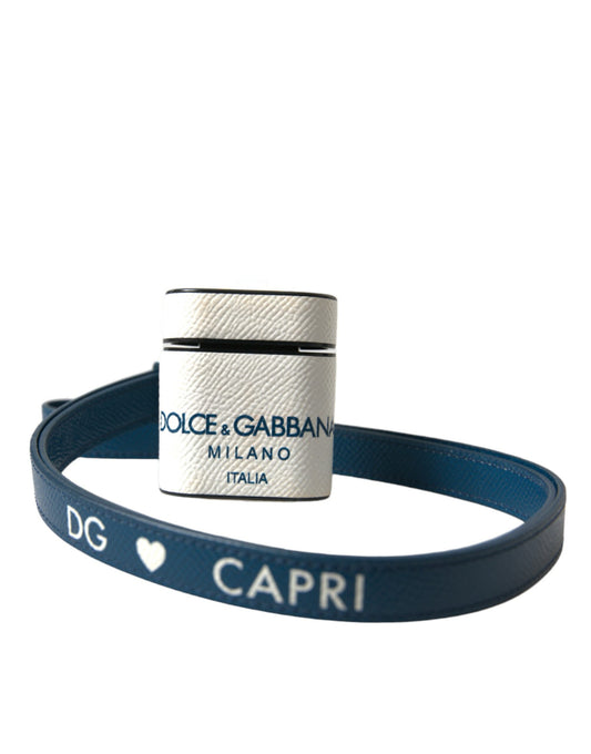 Dolce &amp; Gabbana White Blue Calf Leather Logo Print Strap Airpods Case