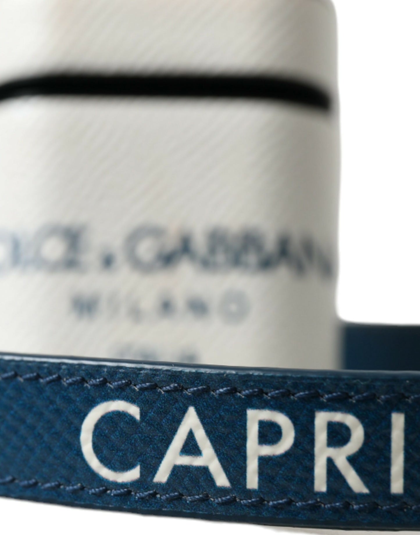 Dolce &amp; Gabbana White Blue Calf Leather Logo Print Strap Airpods Case