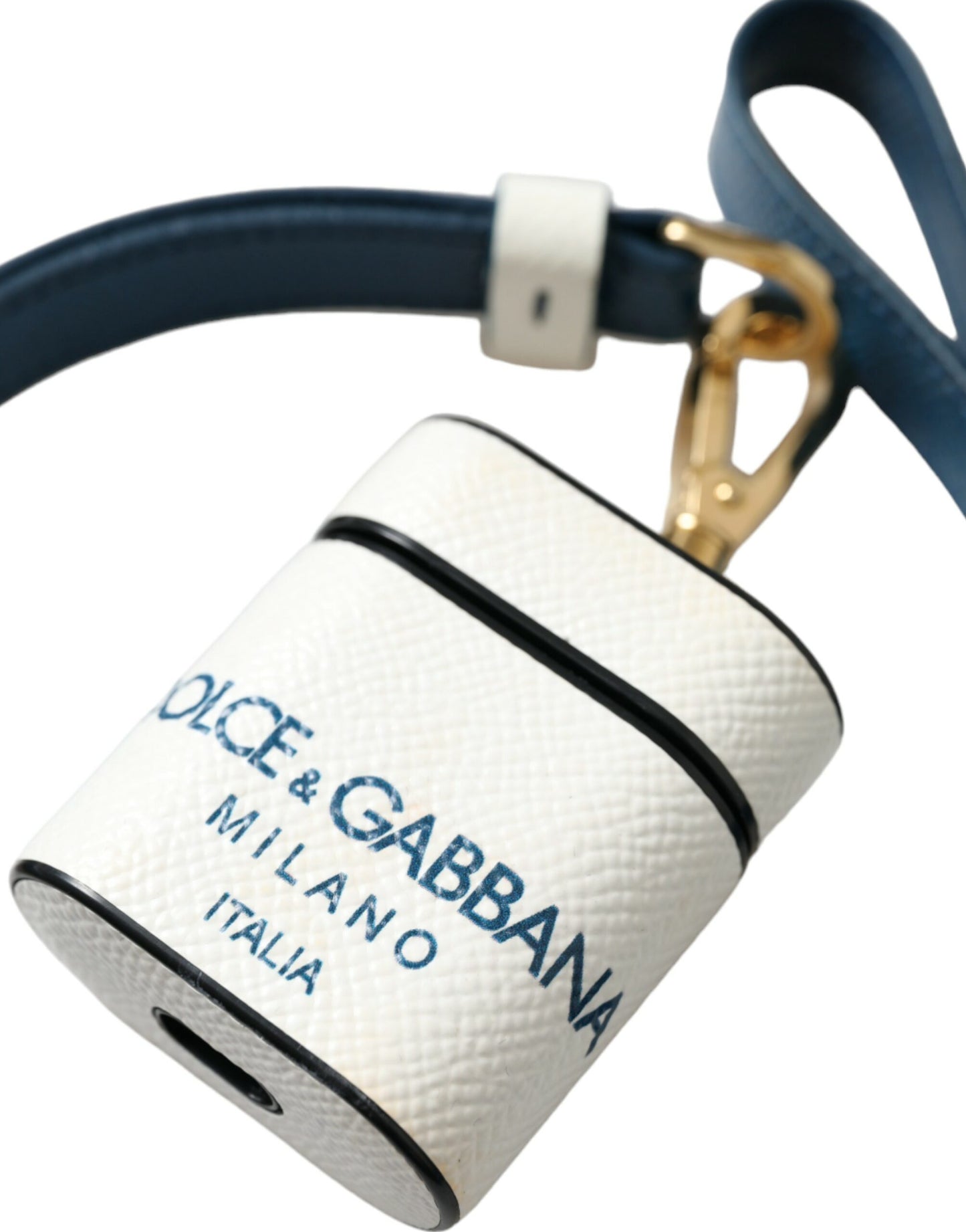 Dolce &amp; Gabbana White Blue Calf Leather Logo Print Strap Airpods Case