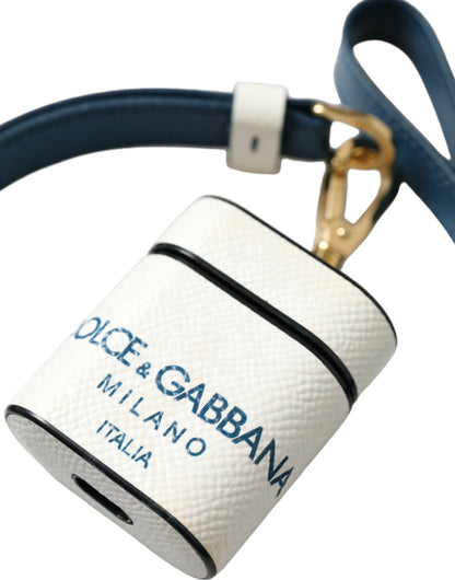 Dolce &amp; Gabbana White Blue Calf Leather Logo Print Strap Airpods Case