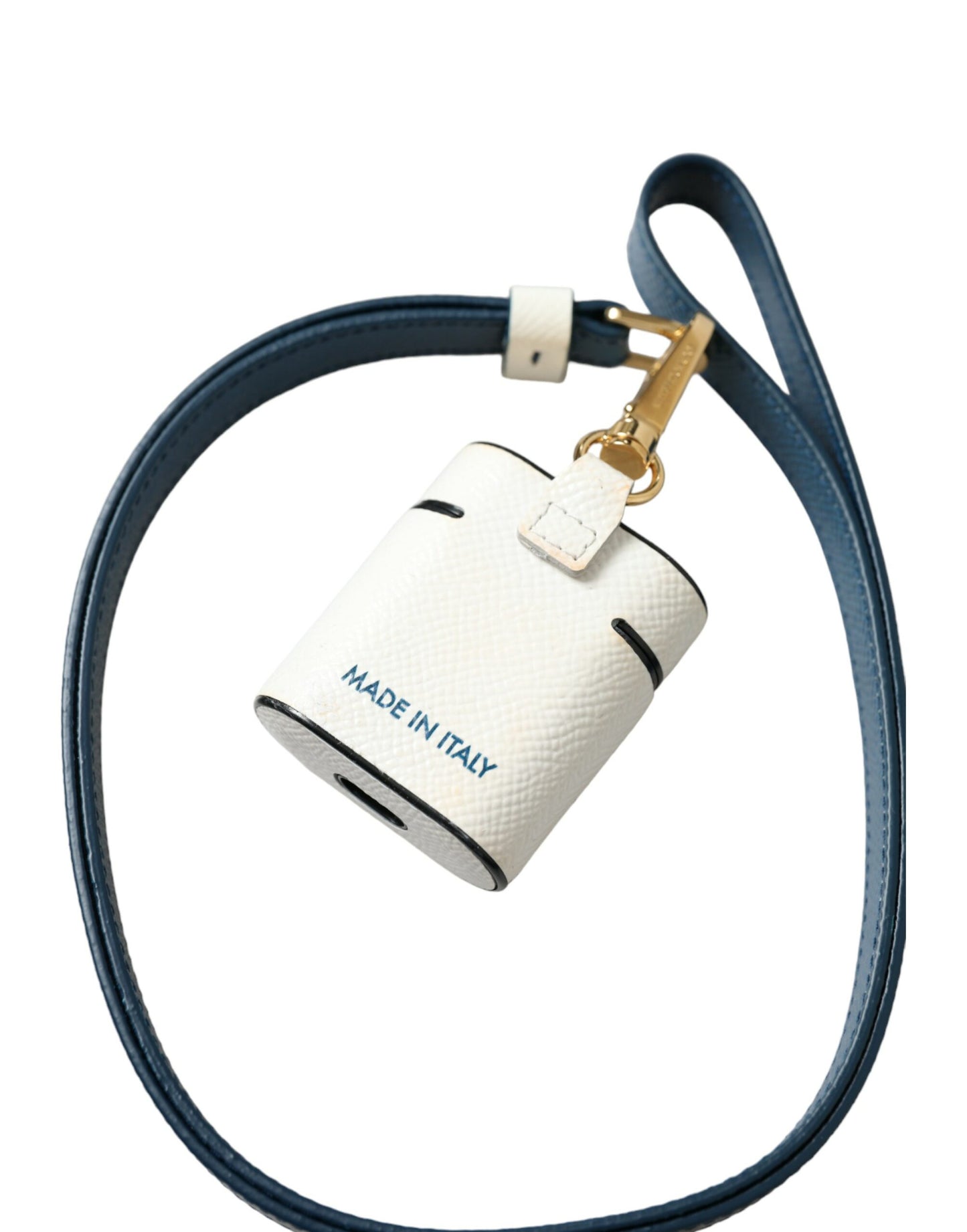 Dolce &amp; Gabbana White Blue Calf Leather Logo Print Strap Airpods Case