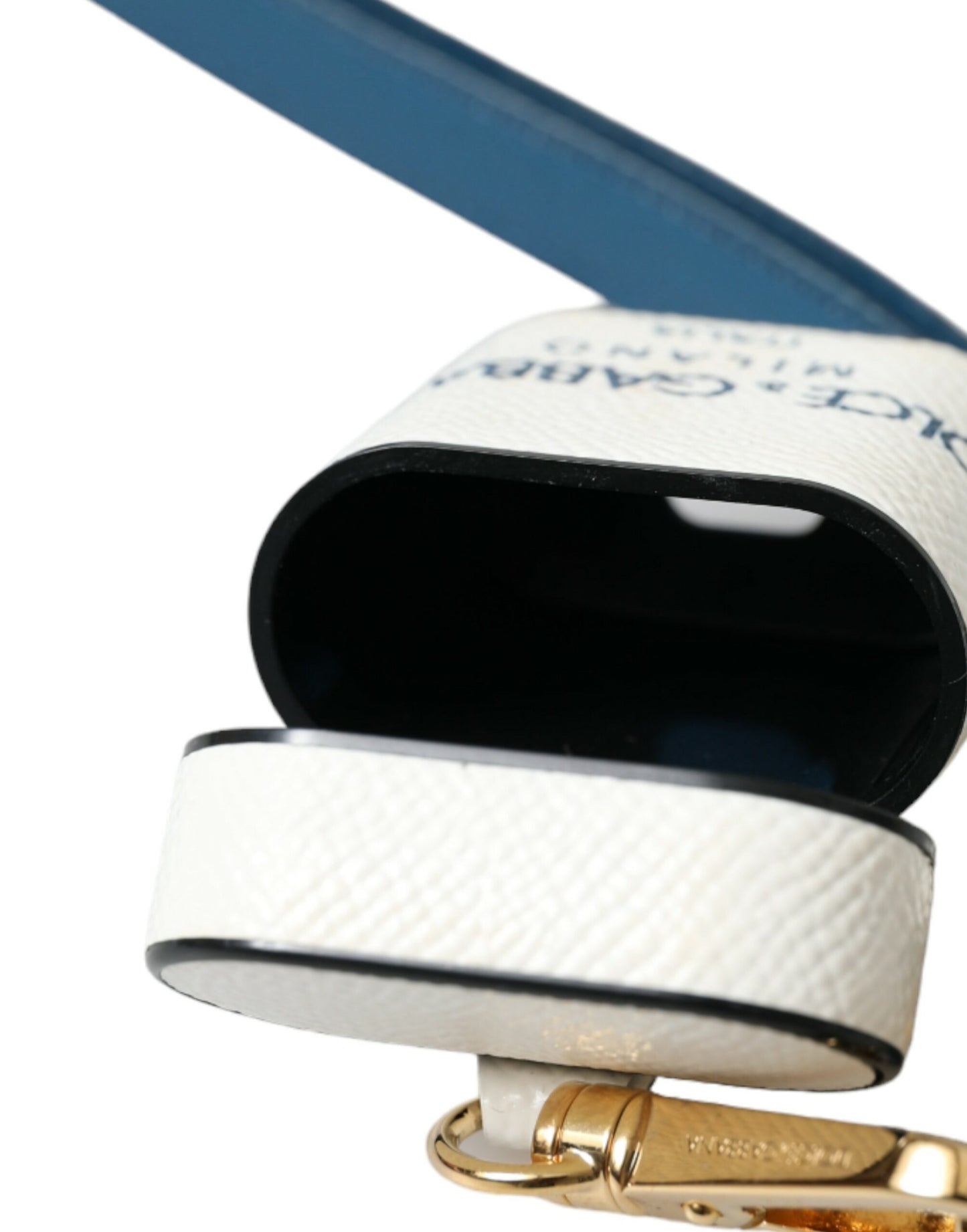 Dolce &amp; Gabbana White Blue Calf Leather Logo Print Strap Airpods Case