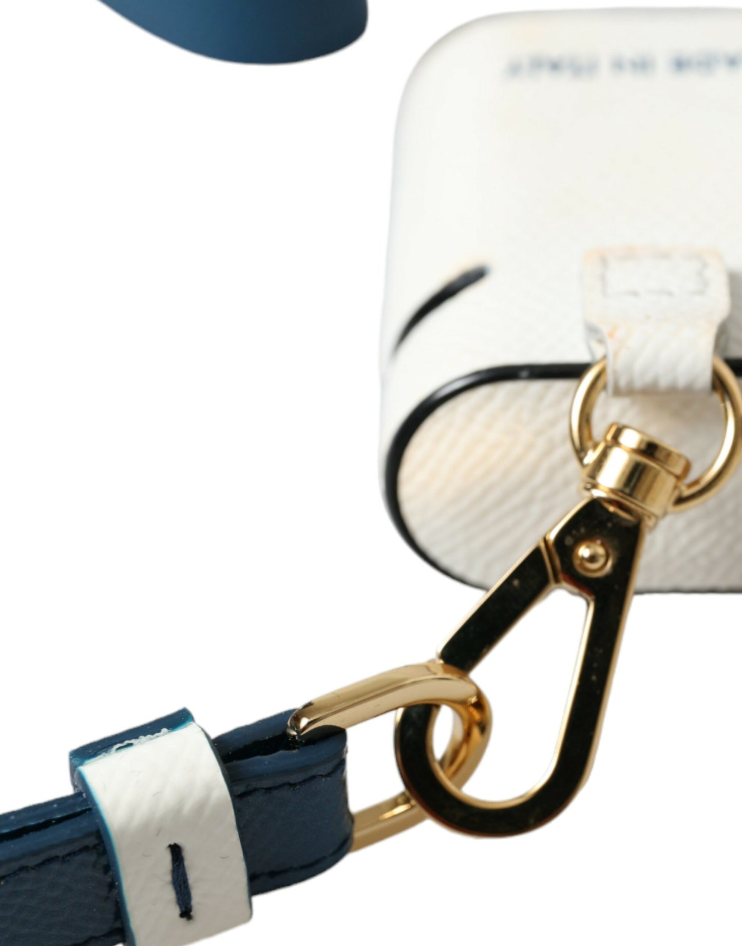Dolce &amp; Gabbana White Blue Calf Leather Logo Print Strap Airpods Case