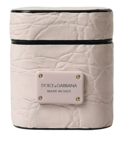 Dolce &amp; Gabbana Light Pink Calf Leather Metal Logo Plaque Airpods Case