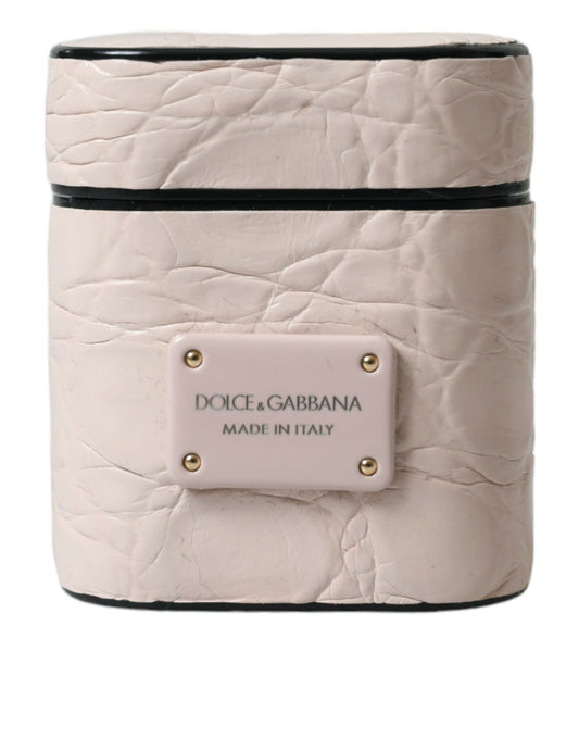 Dolce &amp; Gabbana Light Pink Calf Leather Metal Logo Plaque Airpods Case