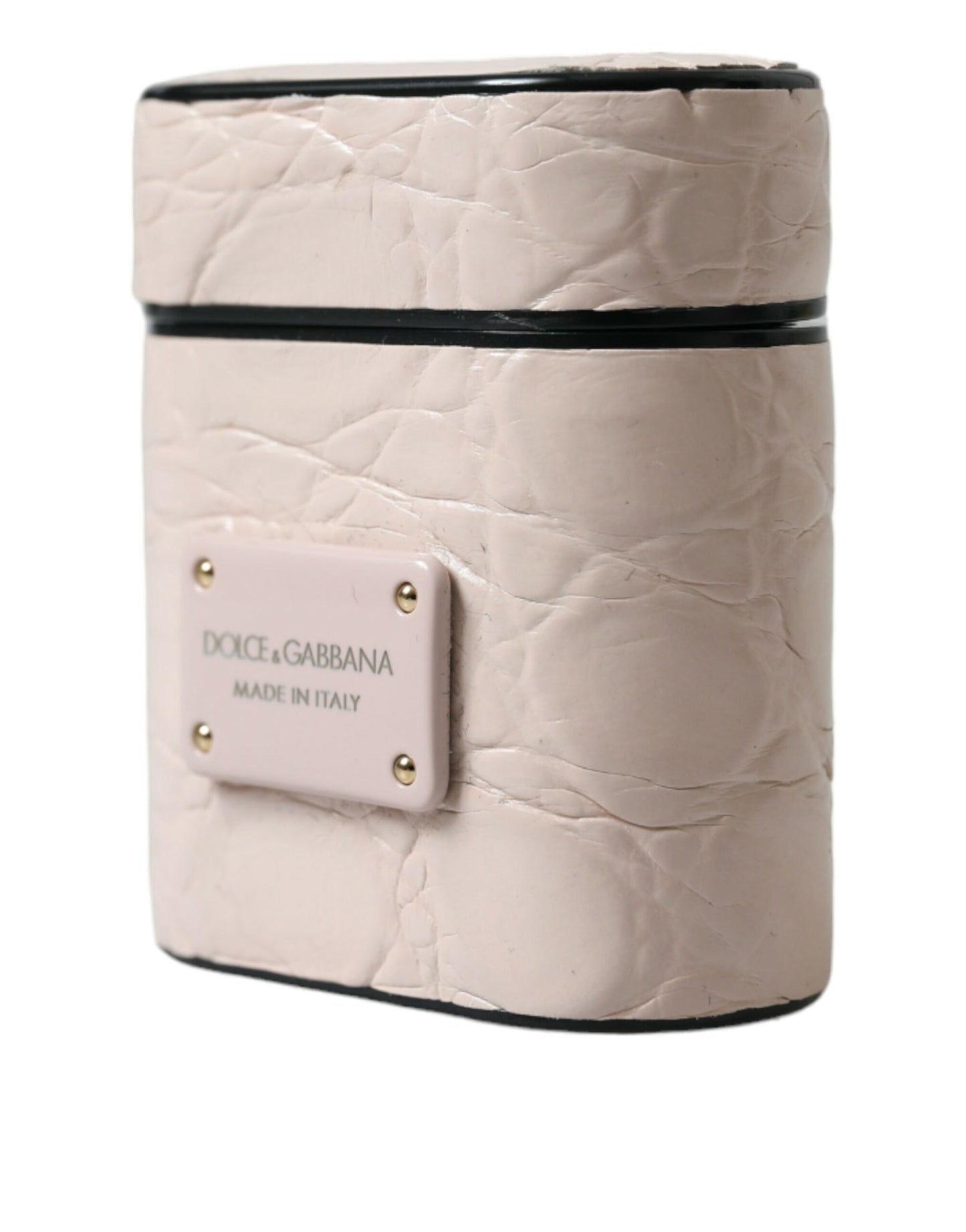 Dolce &amp; Gabbana Light Pink Calf Leather Metal Logo Plaque Airpods Case