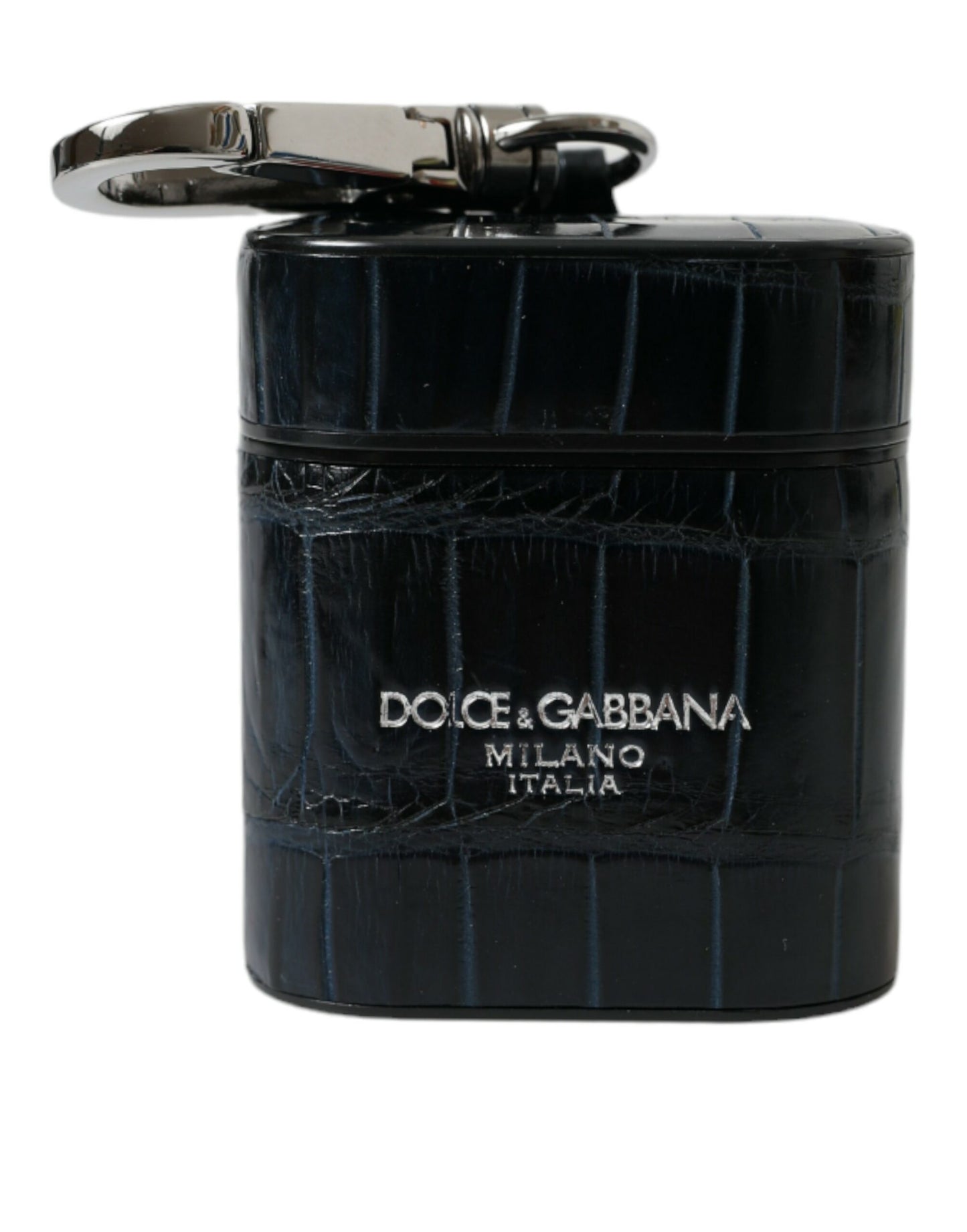 Dolce &amp; Gabbana Black Crocodile Leather Silver Metal Logo Airpods Case