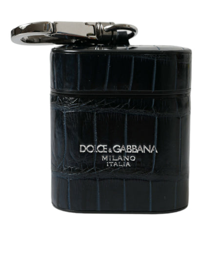 Dolce &amp; Gabbana Black Crocodile Leather Silver Metal Logo Airpods Case