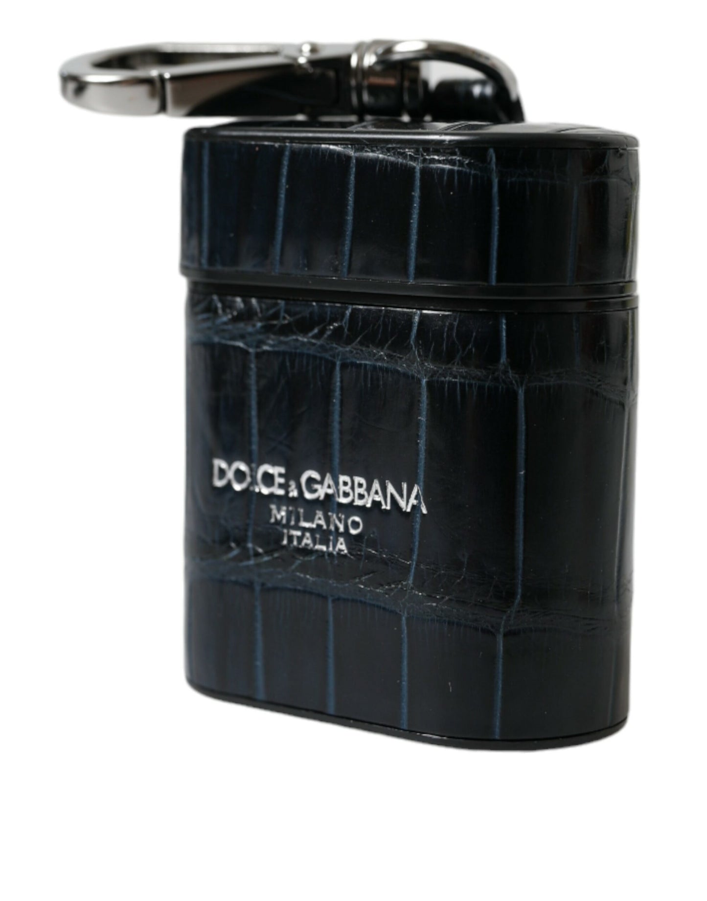Dolce &amp; Gabbana Black Crocodile Leather Silver Metal Logo Airpods Case